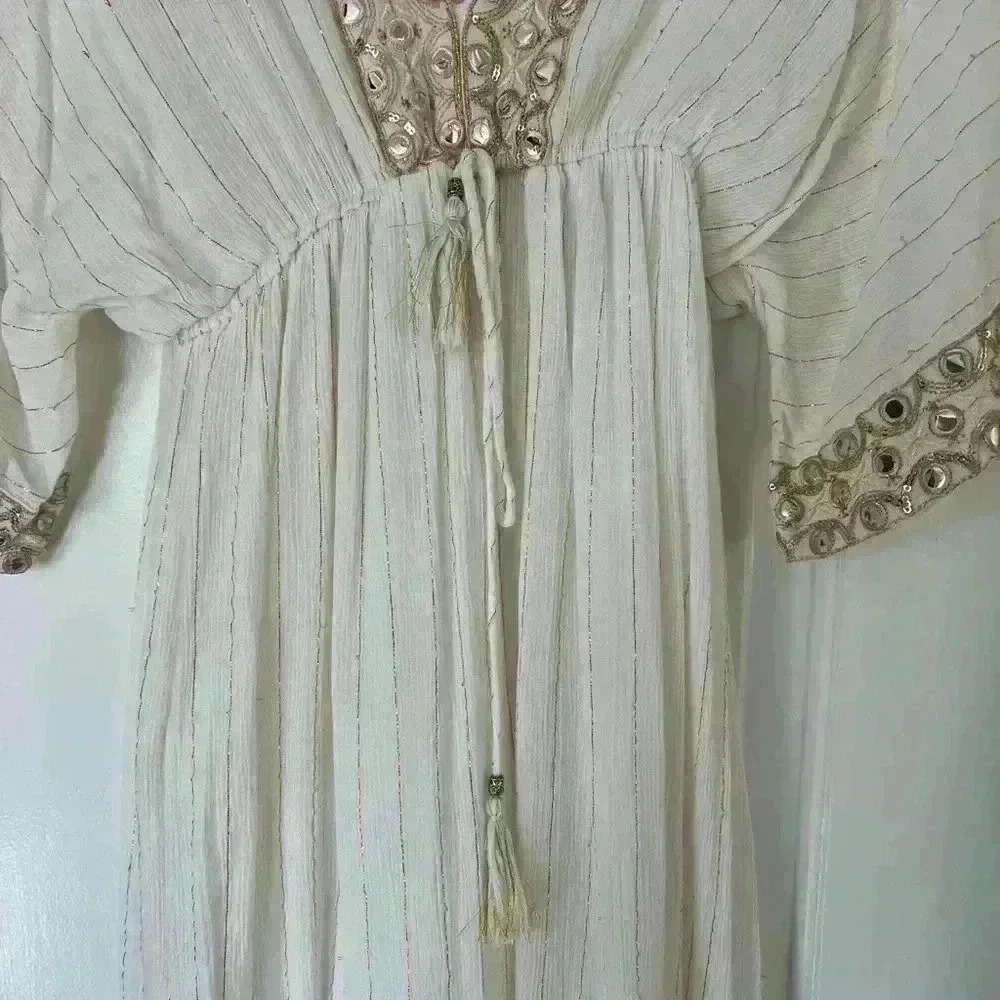 Ivory Boho Mirror Embellished Maxi Dress Viscose Kaftan Festival Beach Resort - Picture 11 of 17